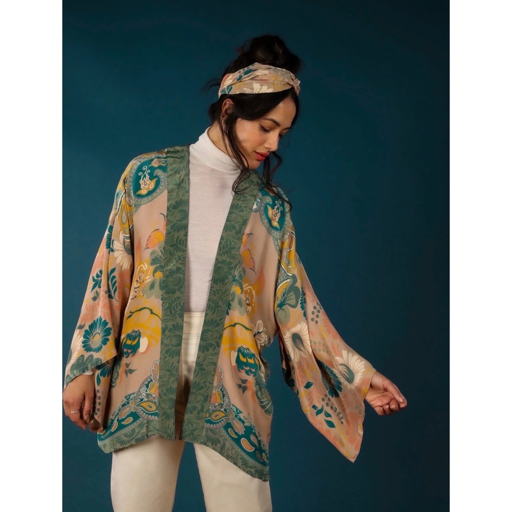 Powder Design Floral Paisley Kimono Robe Pink Viscose Crepe One Size Boho Duster